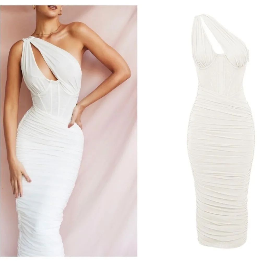 House of CB‎ Valentina Asymmetric Cutout Ivory Midi Dress